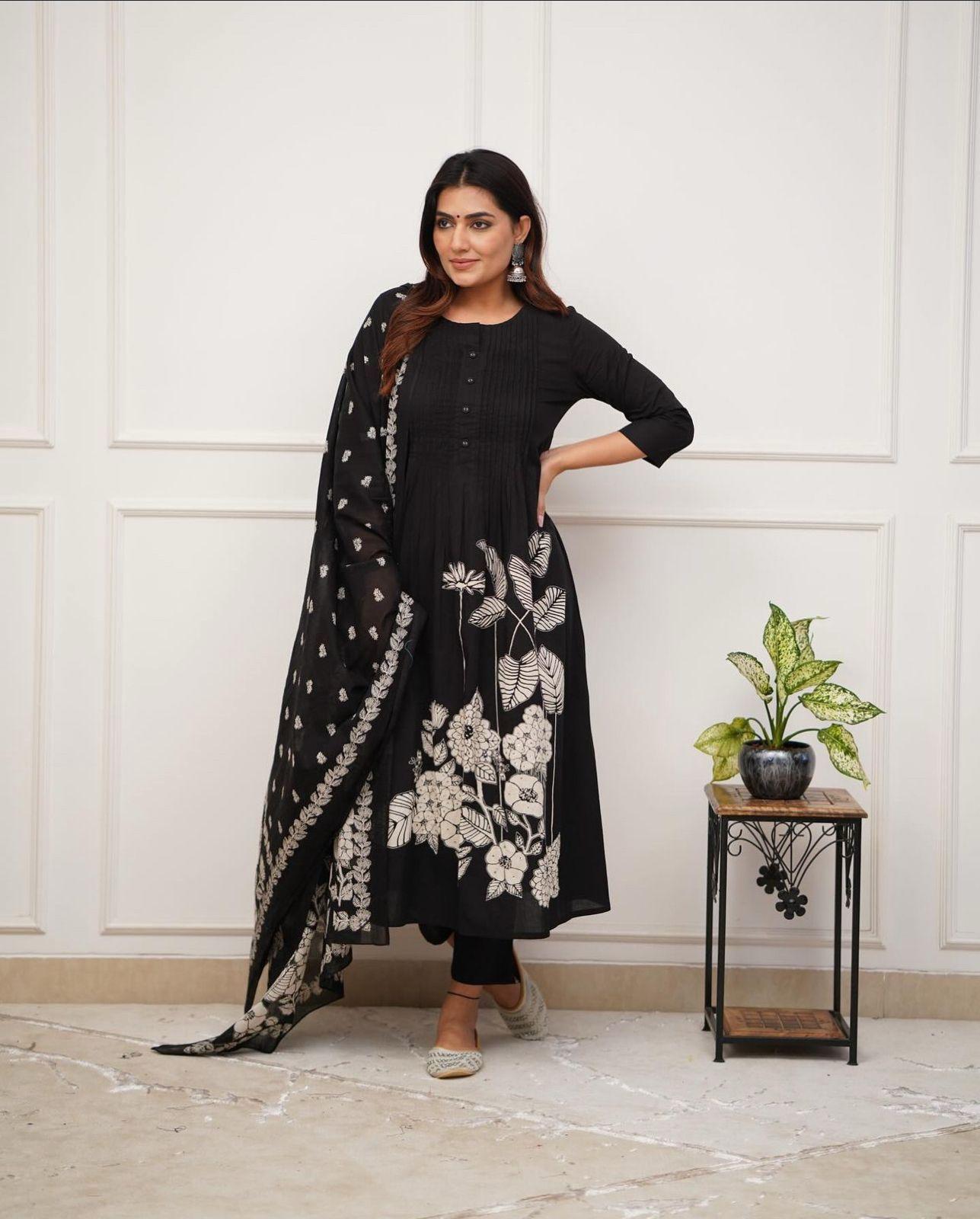 Black Cotton Flare Kurta Set with Pintuck Work