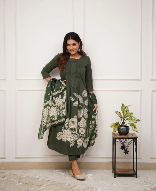 Hunter Green Cotton Flare Kurta Set with Pintuck Work