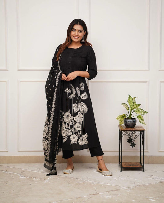 Black Cotton Flare Kurta Set with Pintuck Work