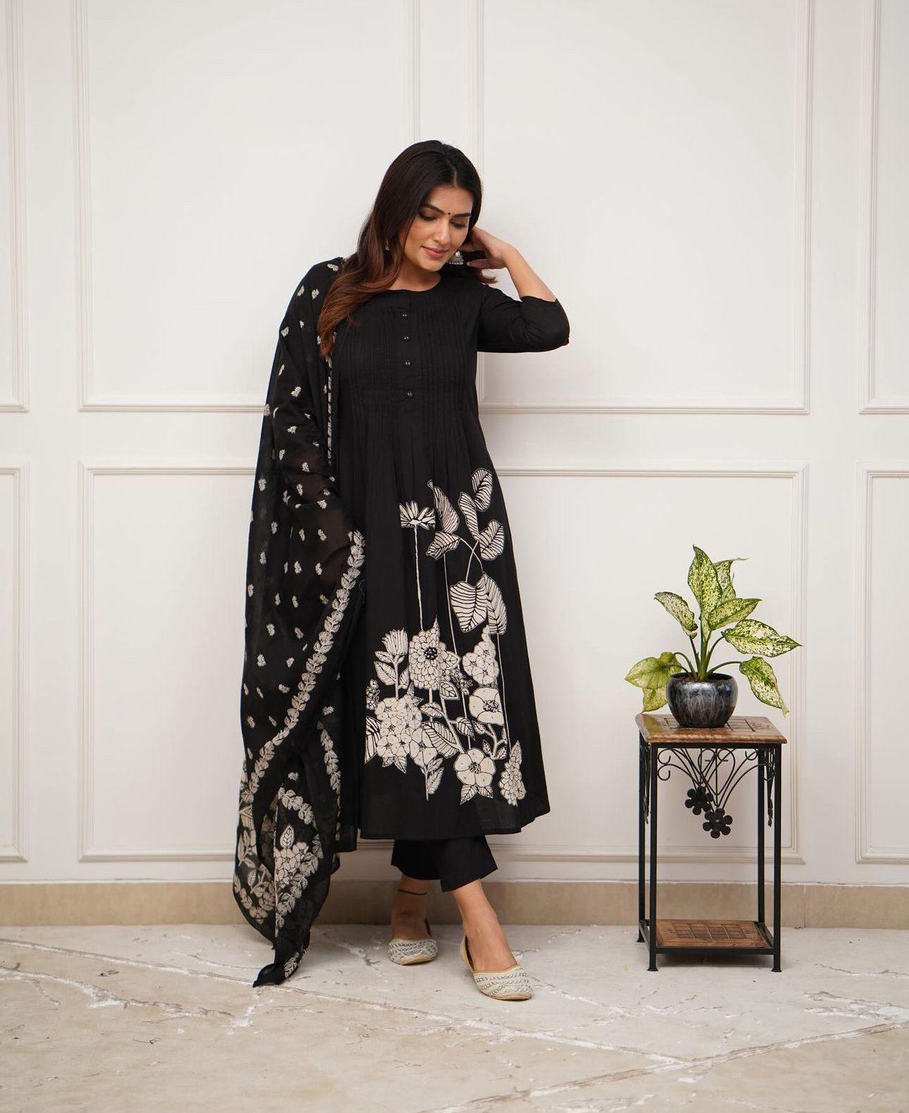 Black Cotton Flare Kurta Set with Pintuck Work