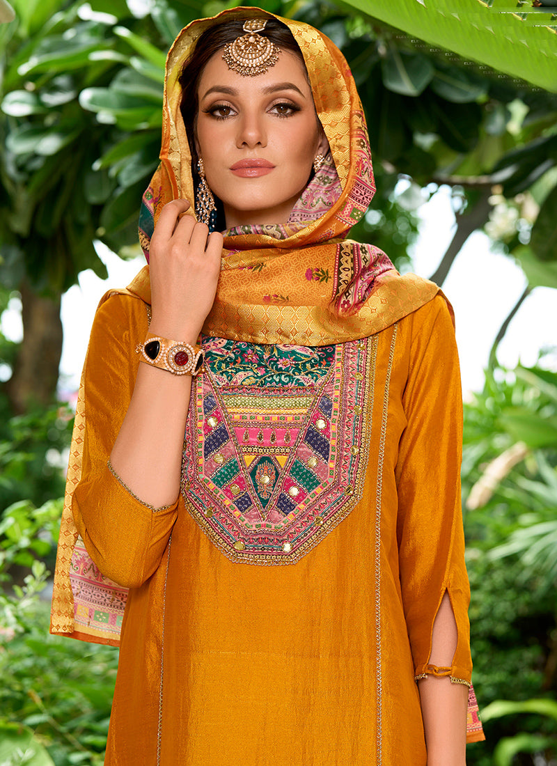 Mustard Vichitra Silk Handcrafted Straight Kurti Suit with Multi-Color Dupatta