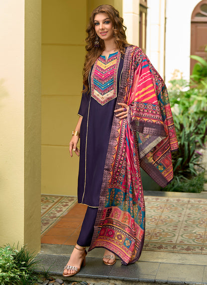 Metallic Violet Vichitra Silk Handwork Straight Kurti Suit with Multi-Color Dupatta