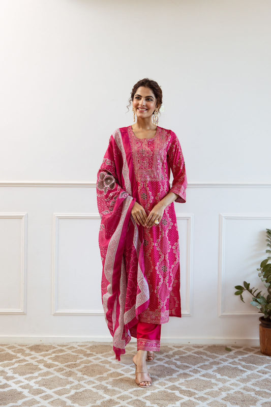 Fluorescent Pink Embroidered Festive Suit Set