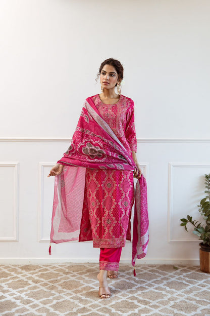 Fluorescent Pink Embroidered Festive Suit Set