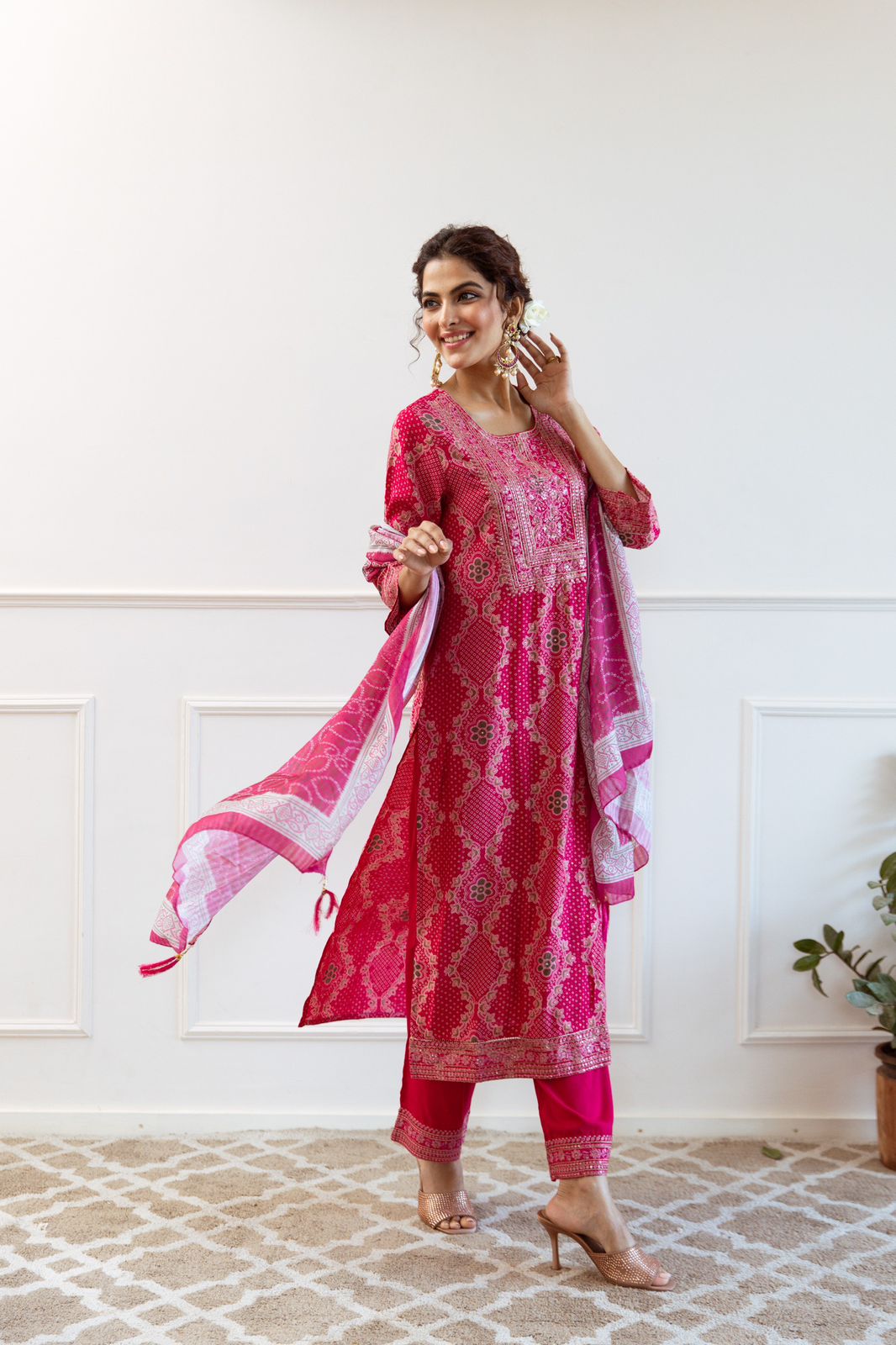 Fluorescent Pink Embroidered Festive Suit Set