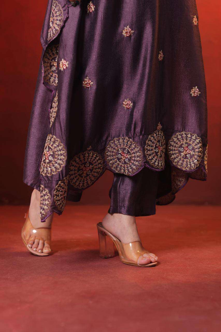 Purple Embroidered Kaftan Kurta Set