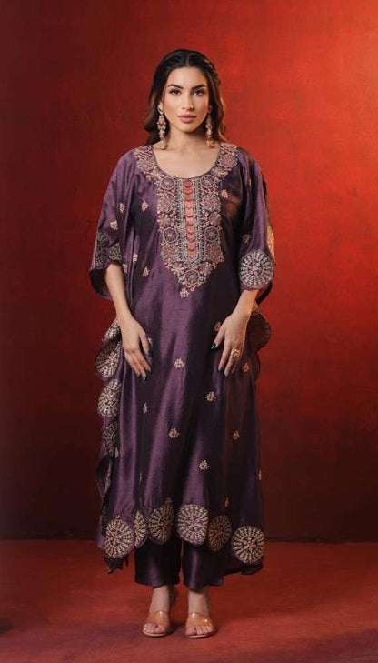 Purple Embroidered Kaftan Kurta Set