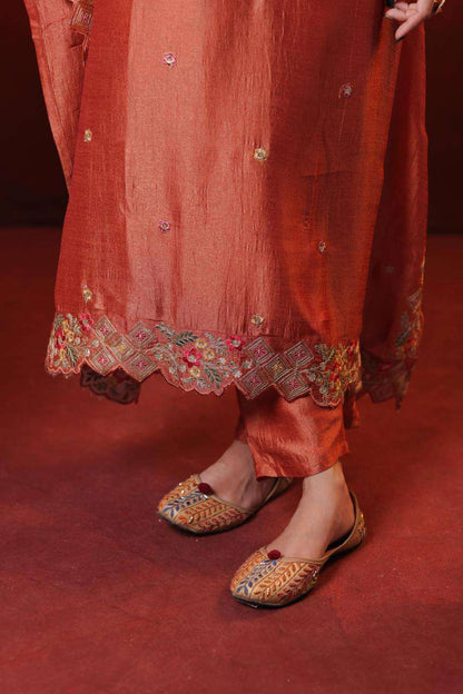 Rust Orange Embroidered Kaftan Kurta Set