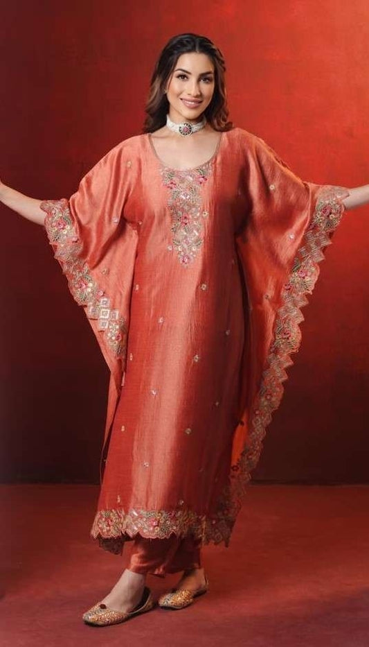 Rust Orange Embroidered Kaftan Kurta Set