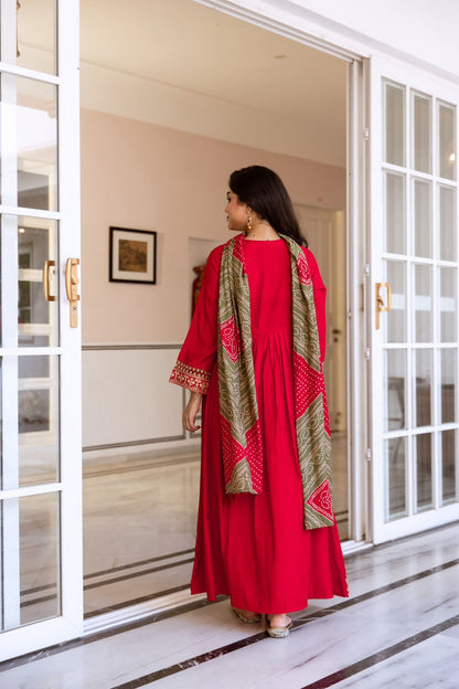 Red Embroidered Muslin Anarkali Kurta with Trousers & Dupatta Set