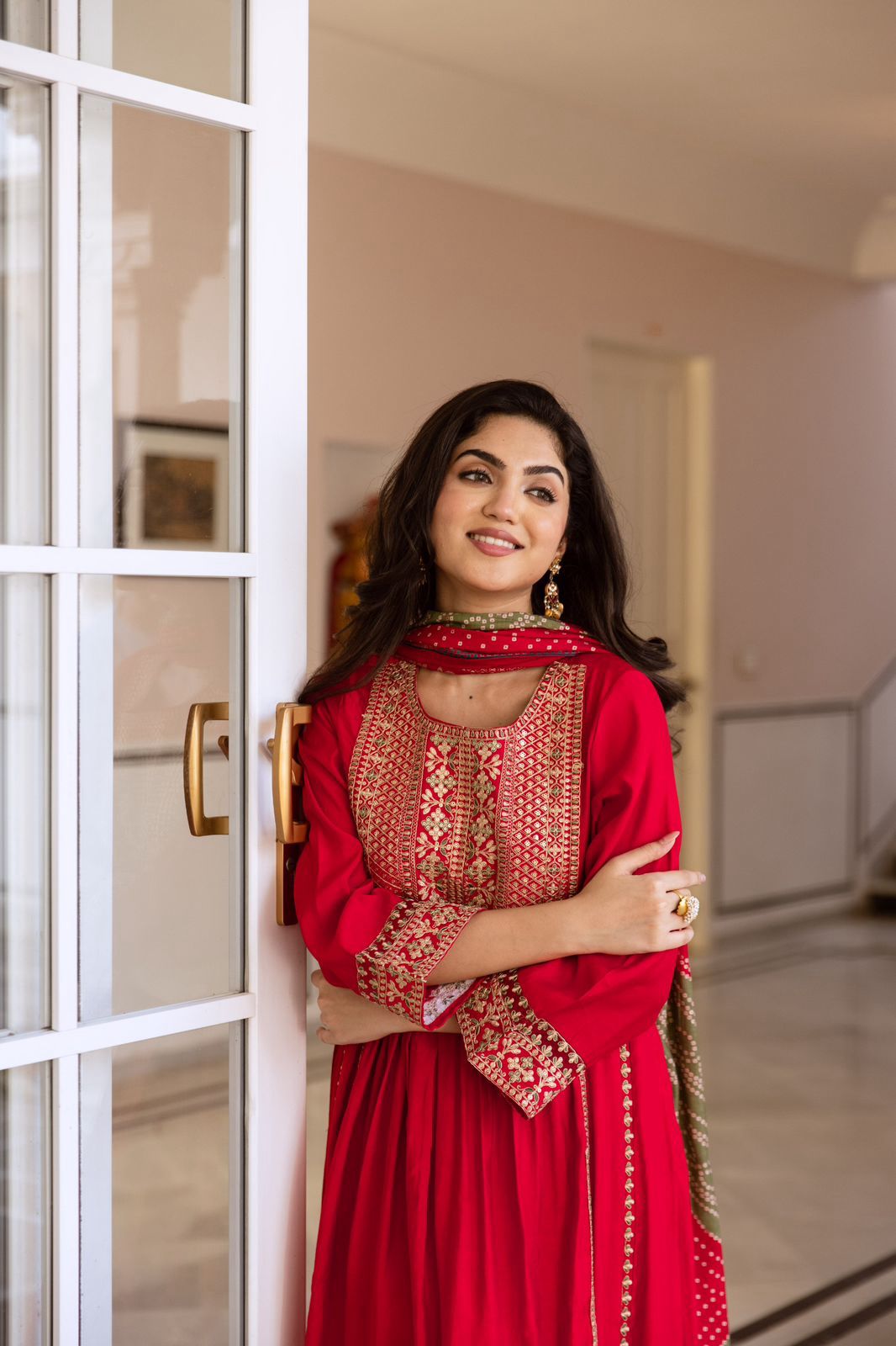 Red Embroidered Muslin Anarkali Kurta with Trousers & Dupatta Set