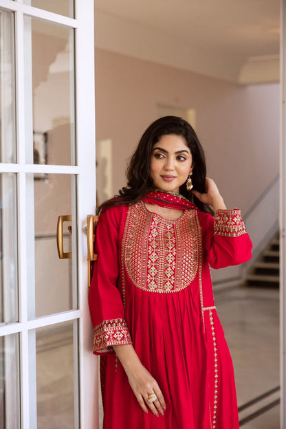 Red Embroidered Muslin Anarkali Kurta with Trousers & Dupatta Set