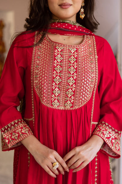 Red Embroidered Muslin Anarkali Kurta with Trousers & Dupatta Set