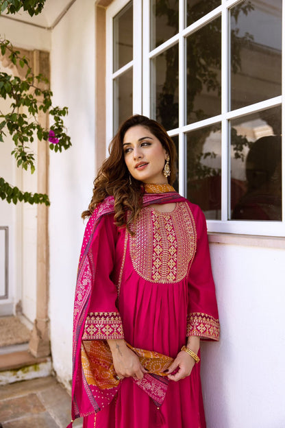 Pink Embroidered Muslin Anarkali Kurta with Trousers & Dupatta Set