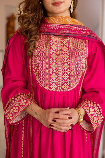 Pink Embroidered Muslin Anarkali Kurta with Trousers & Dupatta Set