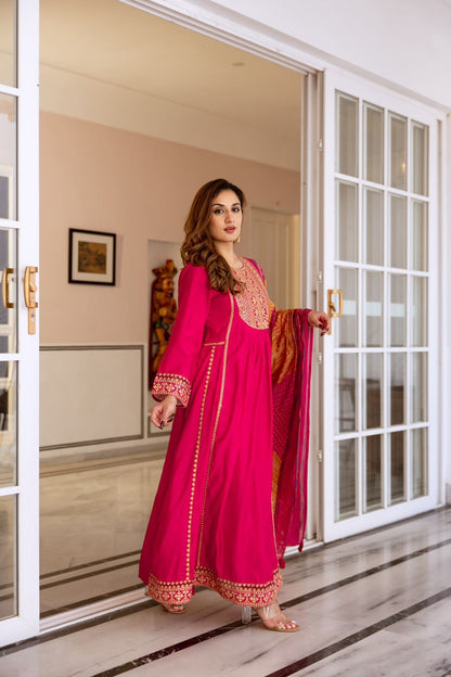 Pink Embroidered Muslin Anarkali Kurta with Trousers & Dupatta Set