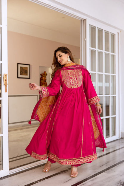 Pink Embroidered Muslin Anarkali Kurta with Trousers & Dupatta Set