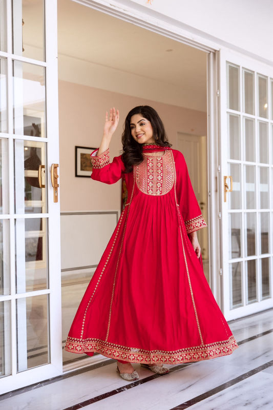 Red Embroidered Muslin Anarkali Kurta with Trousers & Dupatta Set