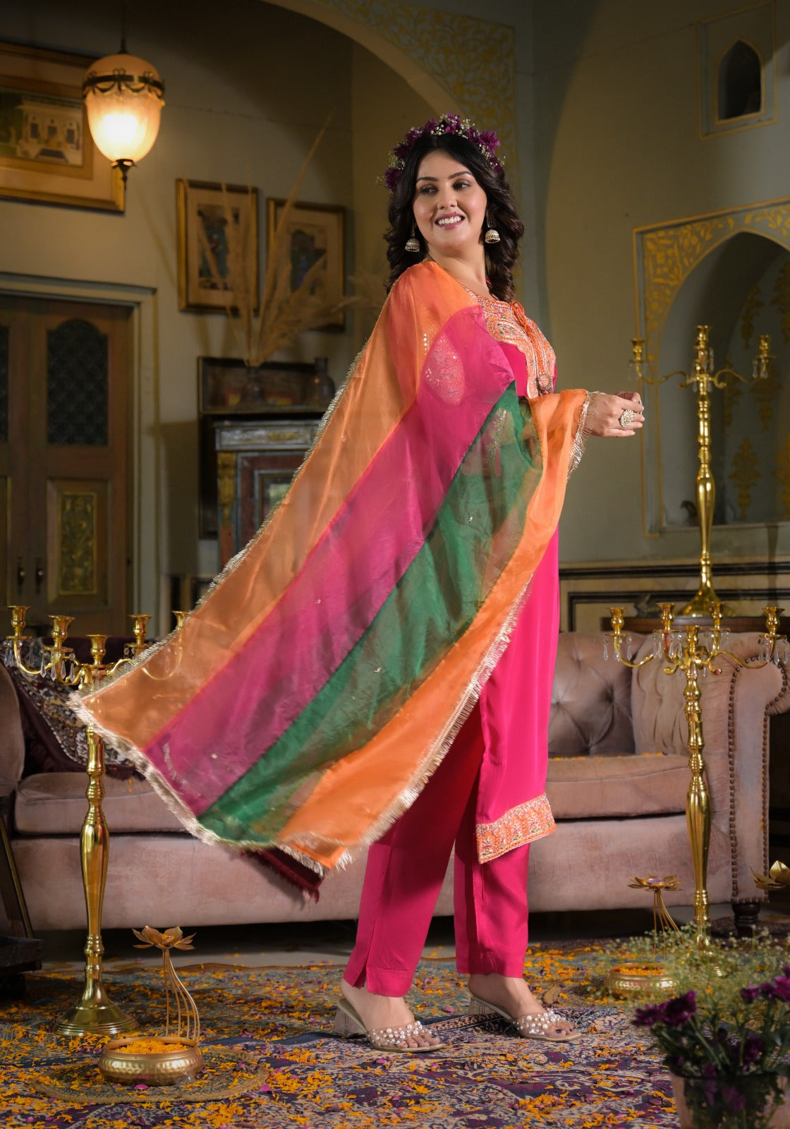 Pink Yoke Design Pure Crepe Straight Suit with Multicolor Dupatta