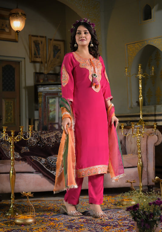 Pink Yoke Design Pure Crepe Straight Suit with Multicolor Dupatta