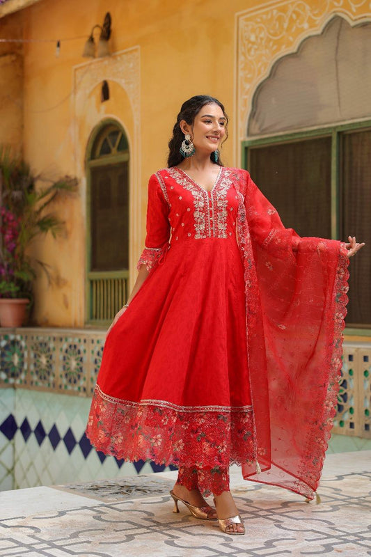 Red Cotton Jacquard Anarkali Kurta with Trousers & Dupatta Set