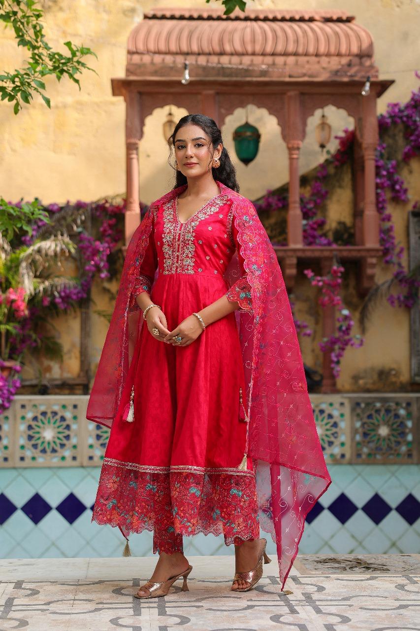 Pink Cotton Jacquard Anarkali Kurta with Trousers & Dupatta Set