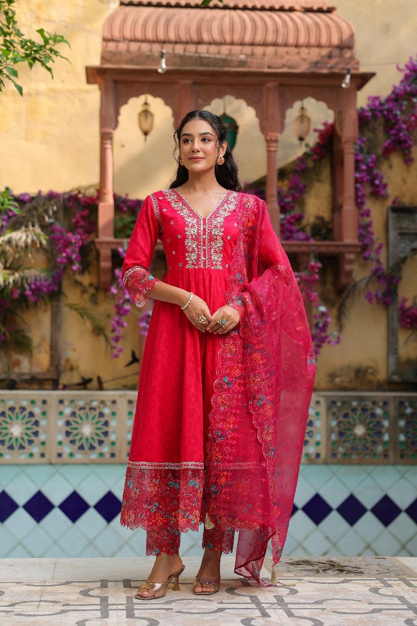 Pink Cotton Jacquard Anarkali Kurta with Trousers & Dupatta Set